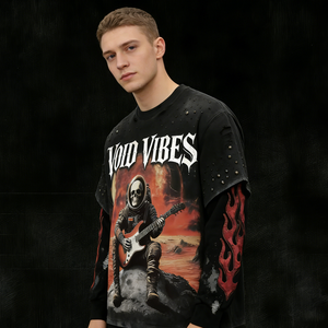 T-shirt Homme Personnalisé à Ourlet Brut Effet Vieilli Vintage Noir Imprimé Guitare Coupe Oversize Boxy Manches Double Couche Effet Flamme Style Décontracté Streetwear - Product Image 3