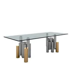 Mesa de comedor de mármol rectangular de lujo, mesas de comedor con patas de acero inoxidable