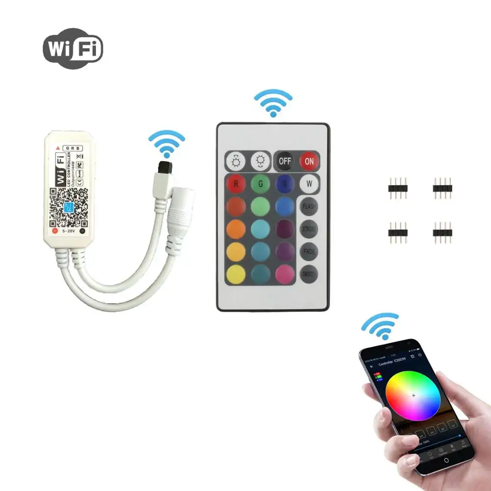 WiFi Wireless LED Smart Controller Compatible with Alexa, Google Assistant for RGB RGBW LED Strip with 24 Key IR Remote Control