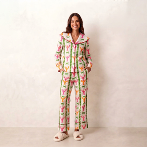 Conjunto de Pijama sin Costuras con Estampado de Langosta, Pijama Largo de Algodón con Bolsillos, Ropa de Dormir Chic Costera para Primavera, Verano y Otoño, con Logotipo Frontal - Product Image 1