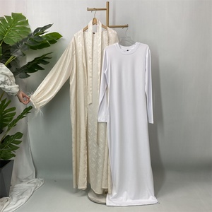 <b>Feather</b> <b>Cuff</b> & Printed Abaya Set on Sale - Elegant Satin Kimono Abaya with Inner Dress Outfit (1950+6435) - Product Image 4