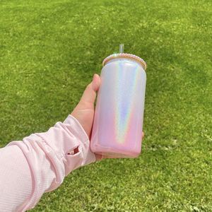 Verre en forme de canette de bière 15oz 16oz pour sublimation, effet holographique arc-en-ciel scintillant, avec couvercle en strass - Product Image 4