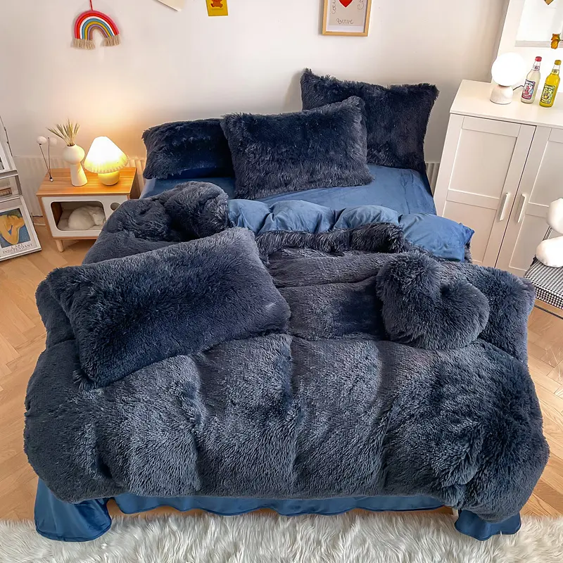 luxury shaggy flanell warm Mink velvet crystal velvet king size bedding Solid color duvet cover sets for Autumn winter