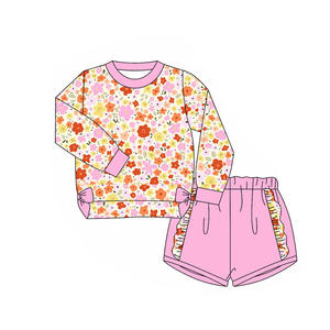 Preorder Sports Kids Toddler Girls Fall Flowers Long Sleeve Tops <strong>Ruffle</strong> <strong>Shorts</strong> Fall Bottoms Sports Outfits Sets Clothes - Product Image 2