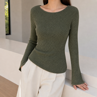 Pull tricoté côtelé rayé à col bateau pour femme, coupe ajustée, manches régulières, mélange de coton, longueur mi-longue, décontracté, standard
