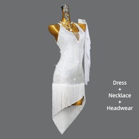 Robe de danse latine pour femme avec strass, bretelles croisées au dos, drapé en mousseline, franges et ourlet irrégulier – Costume de compétition Salsa Tango