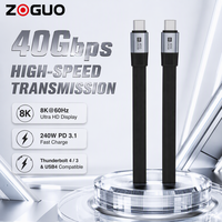 Kabel USB C Male ke USB C Male USB4 Fungsi Penuh Lurus Pipih 80Gbps 240W 8K 60Hz PD Pengisian Cepat Kabel Data