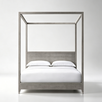 Lit à baldaquin minimaliste et discret avec cadre en bois massif et panneaux en cuir gaufré pour mobilier de chambre Queen et King Size