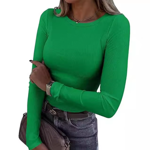 T-<span class=keywords><strong>shirt</strong></span> d'été décontracté pour <span class=keywords><strong>femme</strong></span> 2026 à manches longues, <span class=keywords><strong>col</strong></span> <span class=keywords><strong>rond</strong></span>, en maille côtelée extensible, polyester/nylon, coupe ajustée, couleur unie, doux - Product Image 2