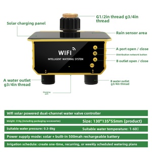 Válvula de riego por goteo WiFi con energía solar de PVC, controlador de riego con temporizador de doble salida para riego. - Product Image 2