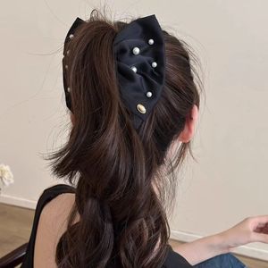 Fashion Elegant Plastic Satin <b>Bow</b> with Pearl Hair Claw Clips 10cm Unisex for Daily Use High-quality Hair Accessories - Product Image 2