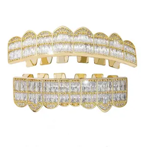 Stock real gold color plating brass with full bling zircon 8 tooth hip hop grillz jewelry