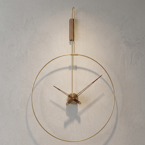 Reloj de Pared Redondo Minimalista, Estilo Moderno de Mediados de Siglo, Marco de Metal de Latón, Detalles de Madera de Nogal, Analógico de Cuarzo - Product Image 1