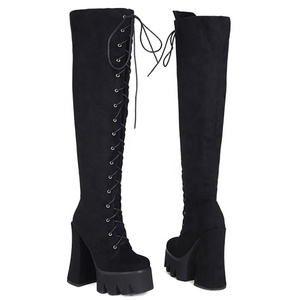 Hot Soft Suede Leather Black Over Knee <b>Boots</b> Long Lace-up Thick Heel Shoes Women <b>Boots</b> Winter Warm Platform Size 44 - Product Image 6