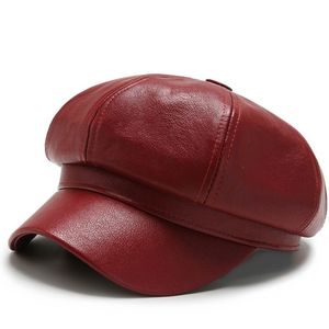 Gorra octogonal de cuero de moda para mujer, gorra de vendedor de periódicos de PU de color sólido informal vintage británico para Otoño e Invierno - Product Image 2