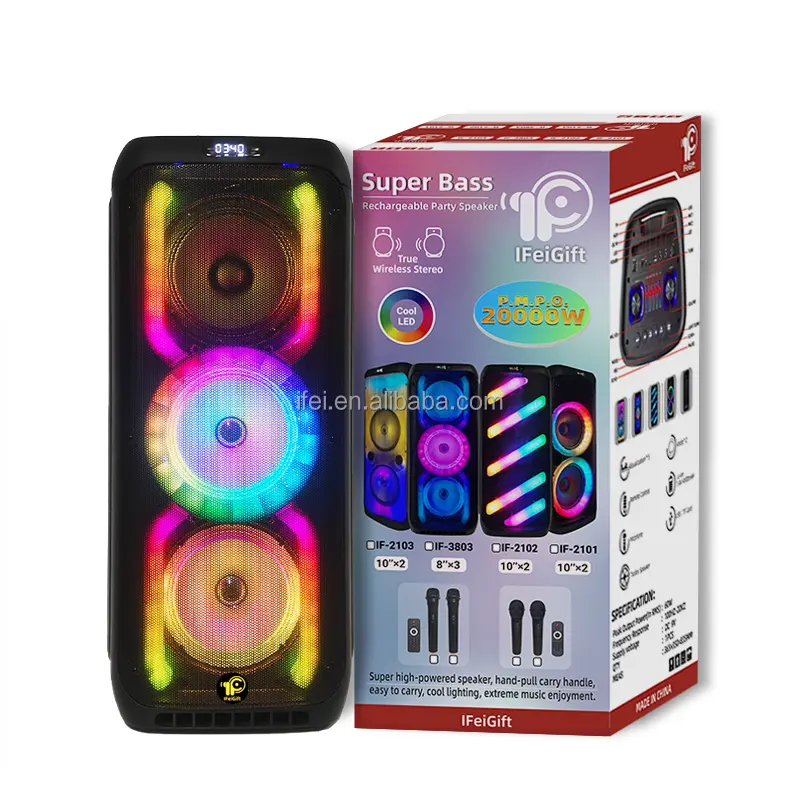 Caixa de alto-falante portátil com três buzinas de 8 polegadas, iluminação LED RGB, microfone sem fio, controle remoto IF-3803 para uso externo, mais recente