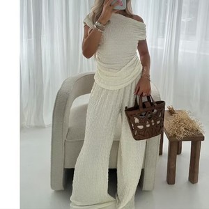 Women's Textured Asymmetrical Top and High-Waisted Pants Solid Color 2-Piece <b>Set</b> Fashion - Product Image 2