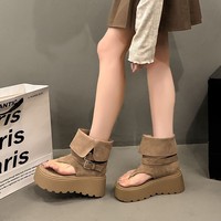 Sandales à plateforme épaisse et bout ouvert pour femme, style rétro en daim, rehaussant la taille, tendance urbaine, chaussures de plage et d'extérieur