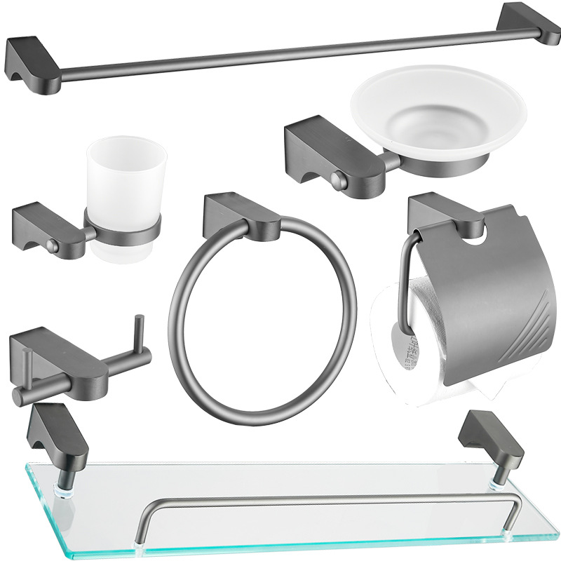 총 회색 스테인레스 스틸 욕실 하드웨어 펜던트 세트 수건 반지 망토 후크 싱글 바 수건 걸이 화장지 홀더 비누 그물