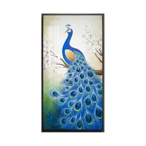 豪华现代蓝孔雀，鸟墙艺术画时尚水晶瓷墙客厅装饰铝框