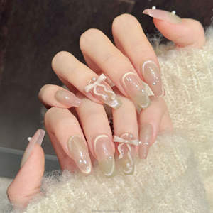 <span class=keywords><strong>Uñas</strong></span> Postizas de Verano, <span class=keywords><strong>Uñas</strong></span> Artificiales con Degradado Rosa-Verde, Adorno de Perlas y Cinta, Hechas a Mano, <span class=keywords><strong>Uñas</strong></span> a Presión - Product Image 3