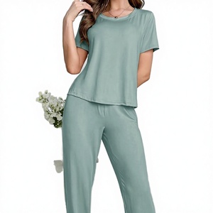 Women's Casual Knitted Fashion Elastic Waist Breathable Soft Solid Color <b>Short</b> Sleeve <b>Trouser</b> Lounge Wear 2-Piece ODM Autumn - Product Image 3