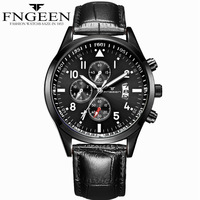 FNGEEN 5410 Dropshipping Blaue Herren Quarzuhr mit Echtlederarmband, Wasserdicht, Kalender, Geringe Mindestbestellmenge, Business-Uhrenset