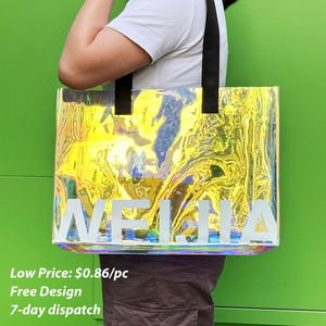 Custom Logo Printing <b>Transparent</b> Waterproof PVC Iridescent Holographic Tote <b>Bag</b> With Custom Handle - Product Image 3
