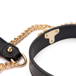 Adjustable Black Leather Dog <b>Collar</b> With Gold Chain <b>Leash</b> For Adult <b>Pets</b> Neck Brace Use - Product Image 3