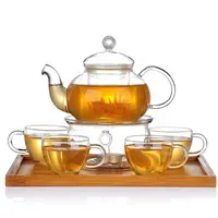 Conjunto de chá de vidro borosilicate, chaleira de vidro com copo, aquecedor de chá e bandeja de chá