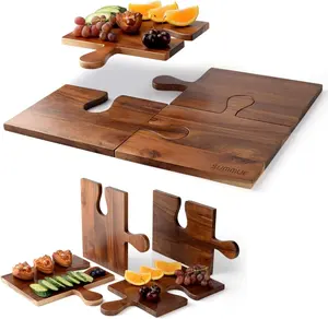 Set of 4 Acacia Wood Large characteristic Boards Set with Puzzle Handles for Kitchen characteristic Chopping Boards