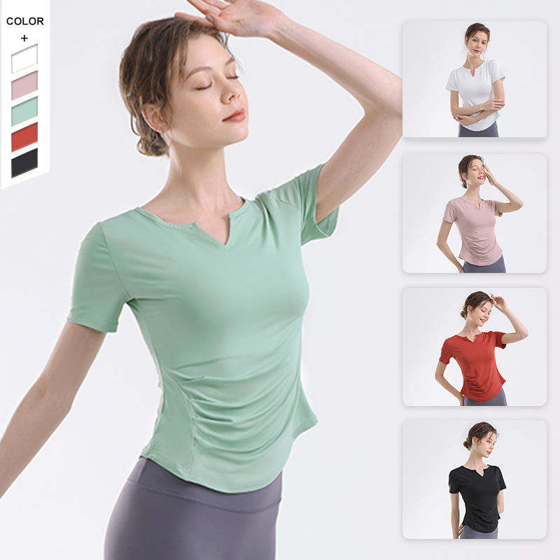 High Quality Seamless Breathable Quick-Dry Pilates Workout T-Shirt V-Neck Fold Design Front Logo Yoga Exercise Top for Women