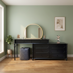 Modern <b>Black</b> Wood Makeup <b>Vanity</b> <b>Table</b> with Round Mirror and Storage Drawers for Bedroom Furniture - Product Image 3