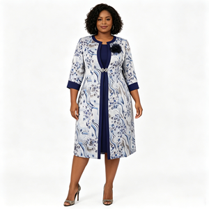 Ensemble robe de cocktail imprimée florale grande taille pour femme avec veste, élégant, col rond, longueur genou, pour l'automne et les occasions religieuses - Product Image 1