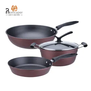 3個の赤い鍋とフライパン焦げ付き防止キャセロール焦げ付き防止調理器具セットべたつかないキッチンフライパン調理鍋セット