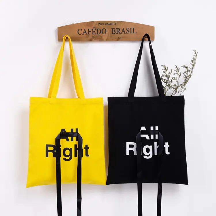 Reusable womens natural simple english cloth shopping bag cotton canvas tote bag with ribbon