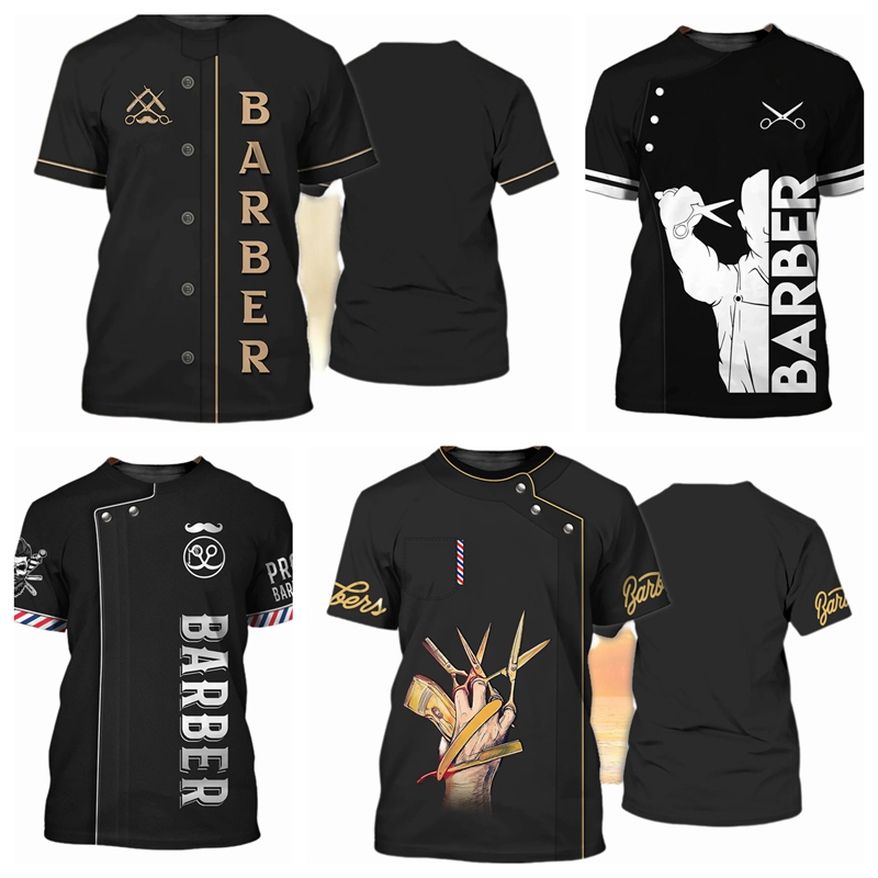 Barber Shirt Jacket Poliester Barber Uniform Salon Pole Tube 3D Impreso Camiseta de manga corta para hombre para barberia