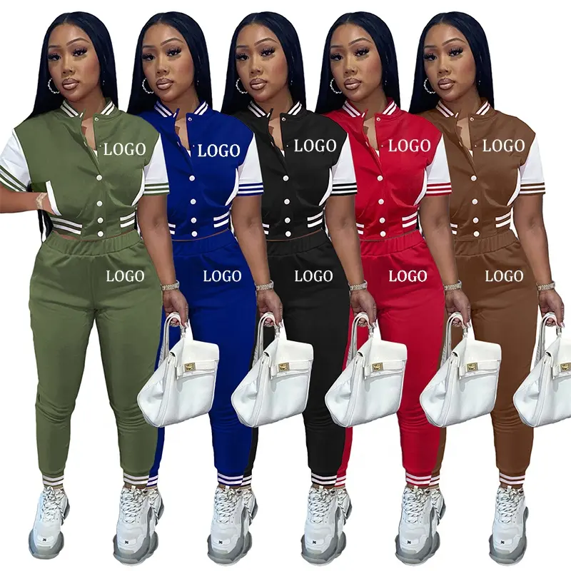 wholesale 2023 Custom Logo Outfit Women 2 Piece Ladies Set Breasted Panel Long Sleeve Baseball Uniform Two Piece Set For Women