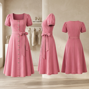 Robe midi rose effet denim à col carré, manches courtes, coupe trapèze, décontractée, avec ceinture, imprimé numérique naturel, en coton, élégante pour le printemps et l'été - Product Image 2