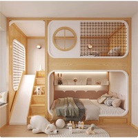JS Massivholz Kinder-Etagenbett mit Sicherheitsnetz, Aufbewahrungsschublade, Treppe, Rutsche, Holzpolsterung, Modernes Design, Voll-/Einzelgrößen, Umweltfreundlich