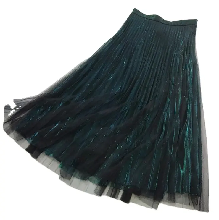 Ecowalson אופנה בציר כסף מתכת מקרית Midi חצאית אלסטיות גבוהה מותן ארוך קפלים רשת חצאיות לנשים