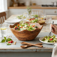 Bol à salade en bois avec bord ondulé, bol de service en bois d'acacia naturel, bol à fruits pour la cuisine et la table à manger, bol en bois de qualité alimentaire