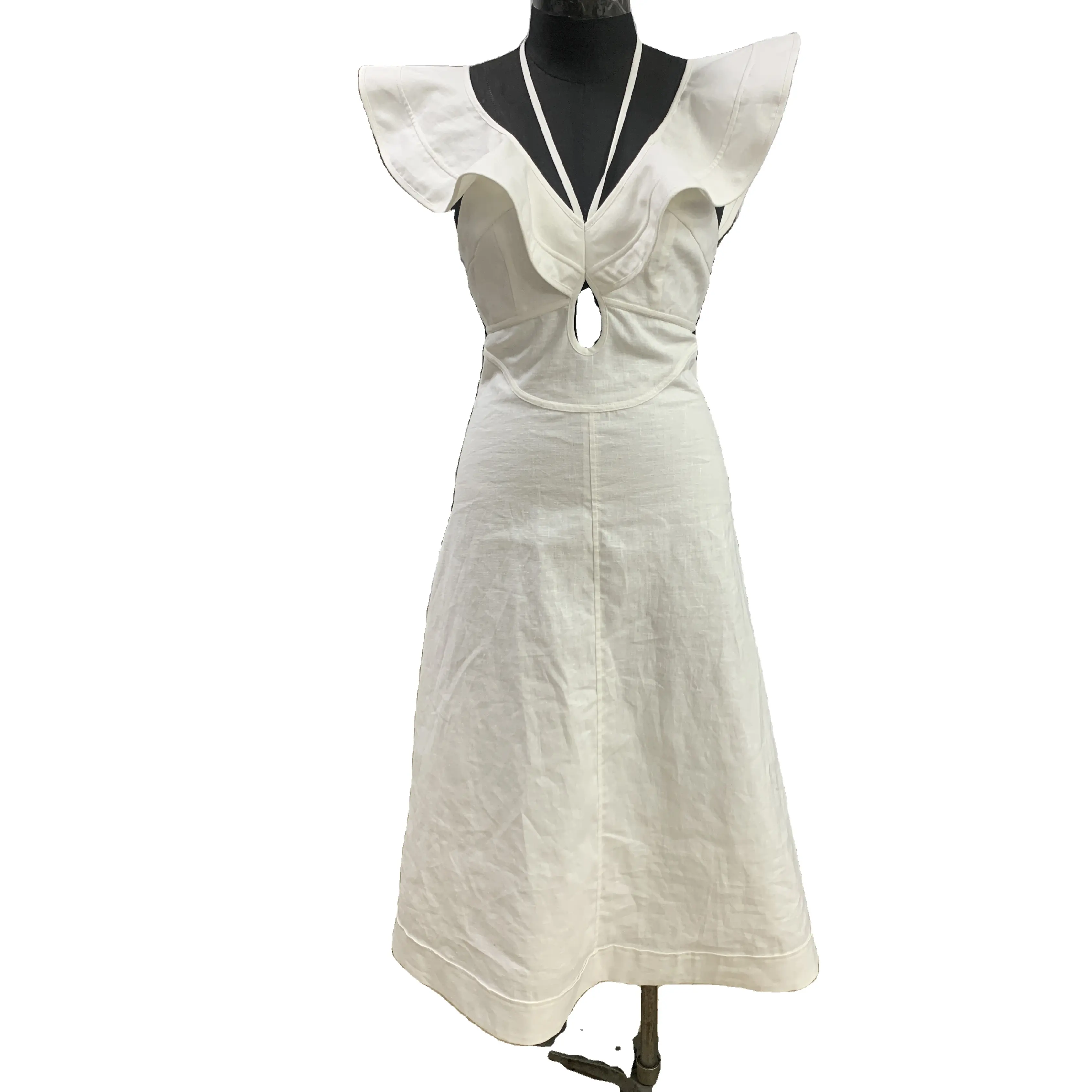 Nuevo diseño de moda para mujer, vestido Midi con mangas flutter personalizadas y escote en V profundo, elegante vestido largo blanco de lino y algodón