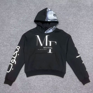 Sudadera con Capucha Negra de Algodón y Felpa de Alta Costura con Logotipo Bordado Personalizado, Estampado Vintage, Hombros Caídos y Corte Oversize - Product Image 1