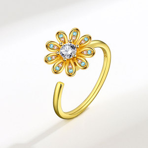 Dainty Claw Set Round Cut Cubic Zirconia Open <b>Ring</b> With <b>Spinner</b> Flower Copper Gold Plated Fashion Jewelry For Women - Product Image 6
