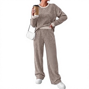High Quality Women's Ribbed Knit <b>Two</b> <b>Piece</b> <b>Lounge</b> <b>Set</b> Long Sleeve Sweater Top Wide Leg Pants Casual Home Wear Lightweight Luxury - Product Image 1
