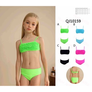 HDJ Traje de baño de dos piezas para niñas, talla grande, con control de abdomen, bikini bandeau, color sólido, cintura alta, qj10159 - Product Image 1