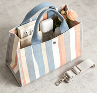 Sac fourre-tout en toile recyclable à rayures colorées avec poignée non tissée longue, petite taille pour femme, usage quotidien et PC