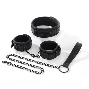 Black Leather <b>Bondage</b> Set With Chain And Wrist Cuffs For Couples BDSM Play - Product Image 1