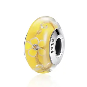2024 New 925 Sterling Silver Yellow Flower Murano Glass In Charm Fit Bracelet Women Fashion Jewelry Making Gift SCZ052